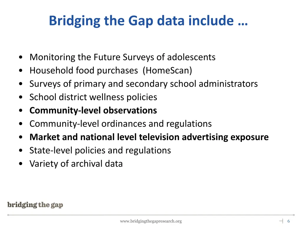 bridging the gap data include