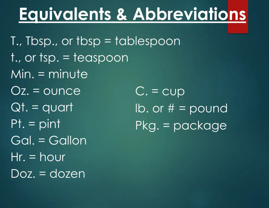 equivalents abbreviations