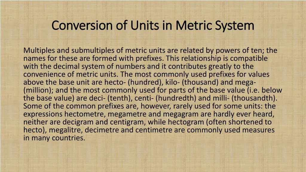 conversion of units in metric system conversion