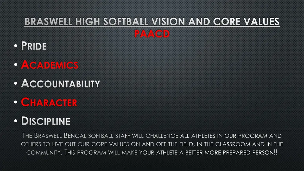 braswell high softball vision and core values