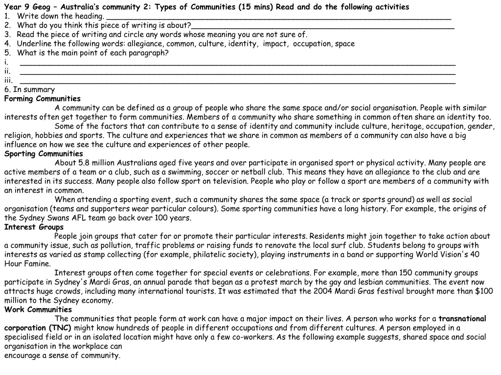 year 9 geog australia s community 2 types