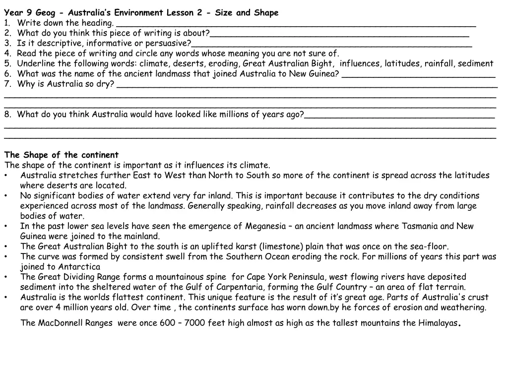 year 9 geog australia s environment lesson 2 size