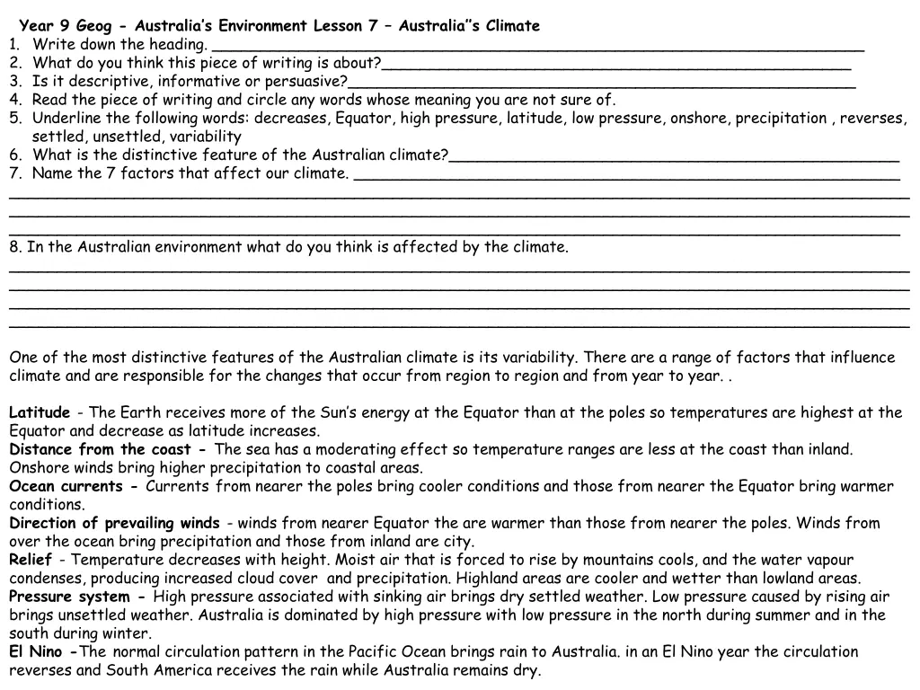 year 9 geog australia s environment lesson 4