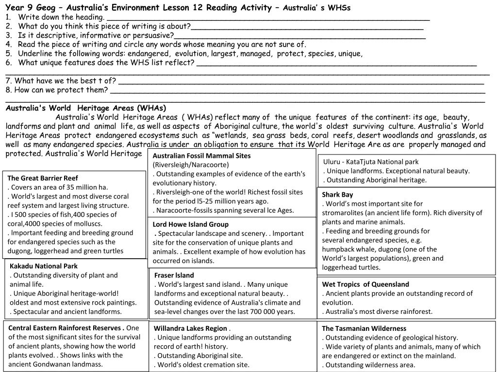 year 9 geog australia s environment lesson 7