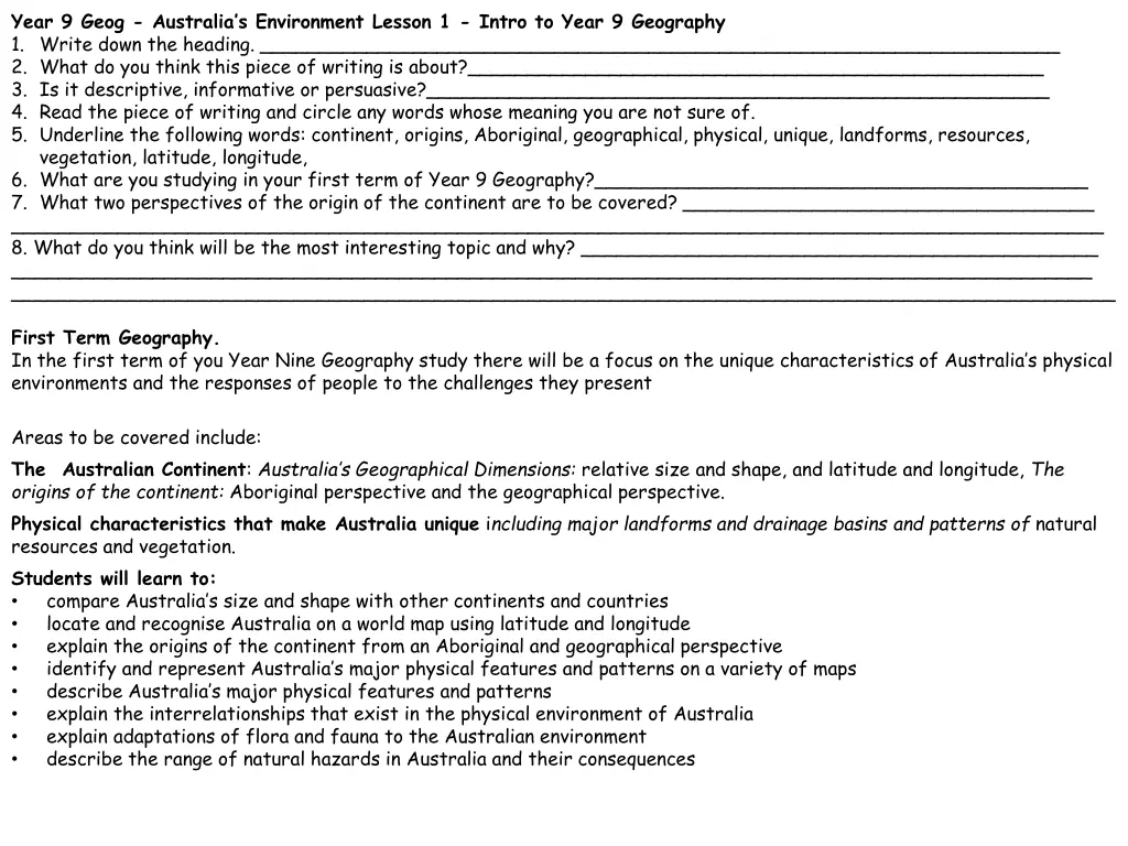 year 9 geog australia s environment lesson