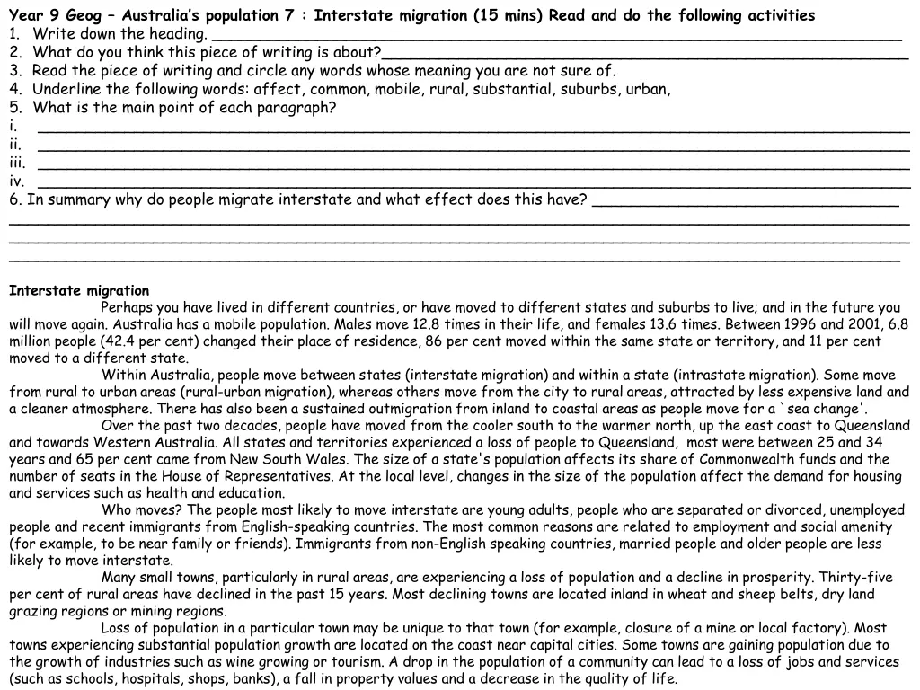 year 9 geog australia s population 7 interstate