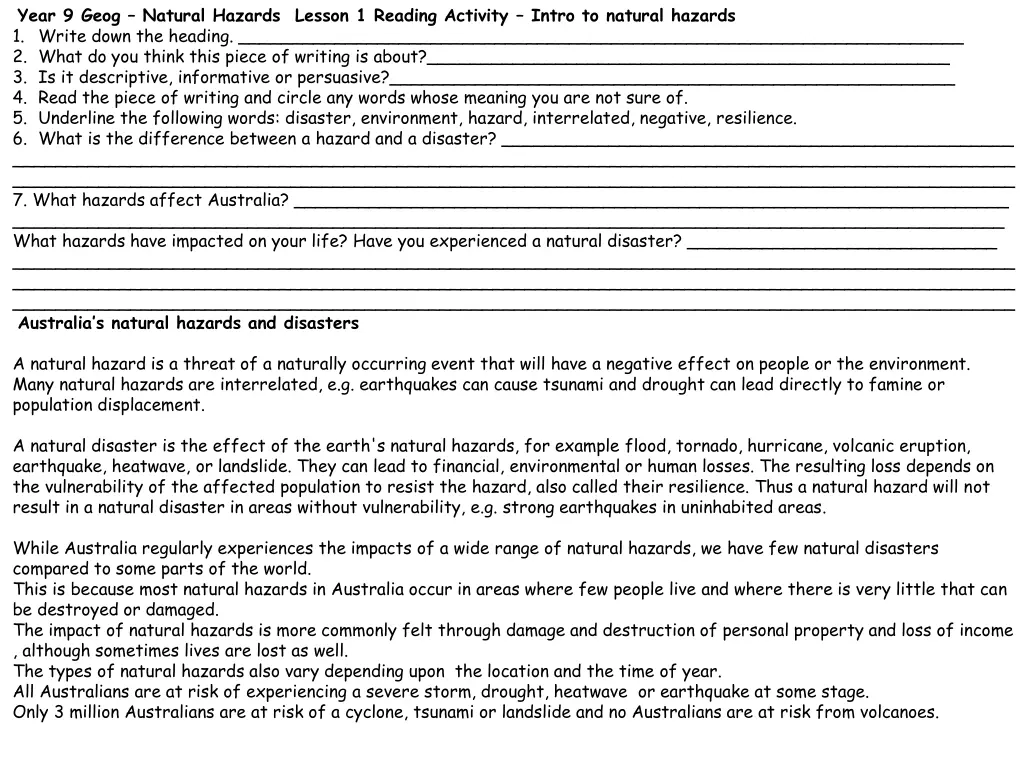 year 9 geog natural hazards lesson 1 reading