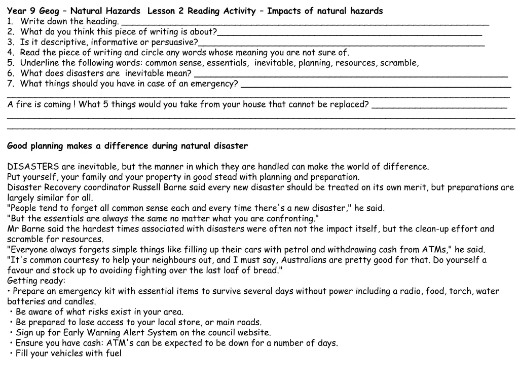 year 9 geog natural hazards lesson 2 reading