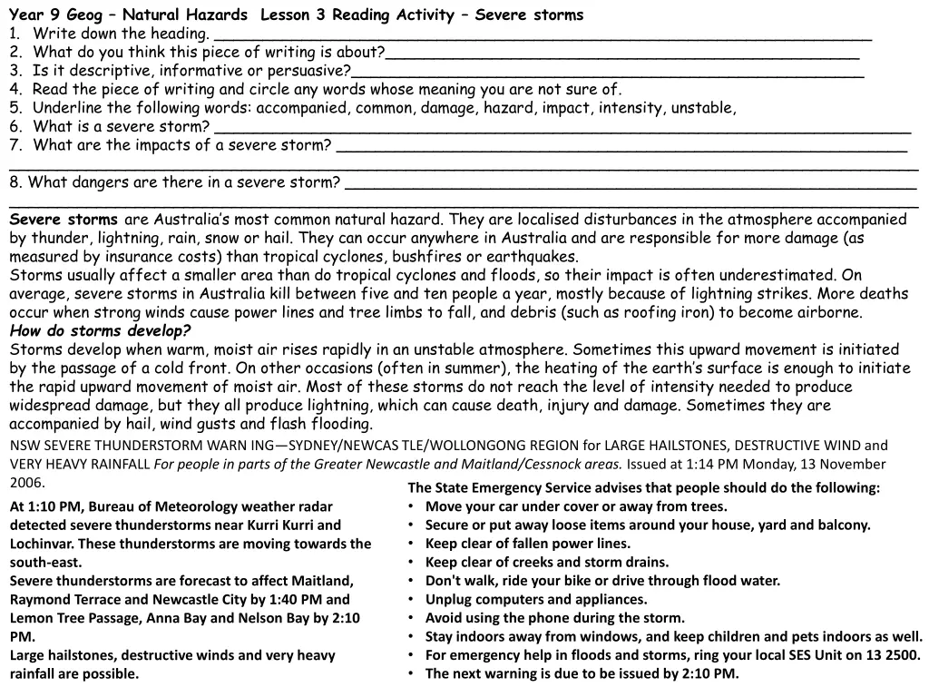 year 9 geog natural hazards lesson 3 reading