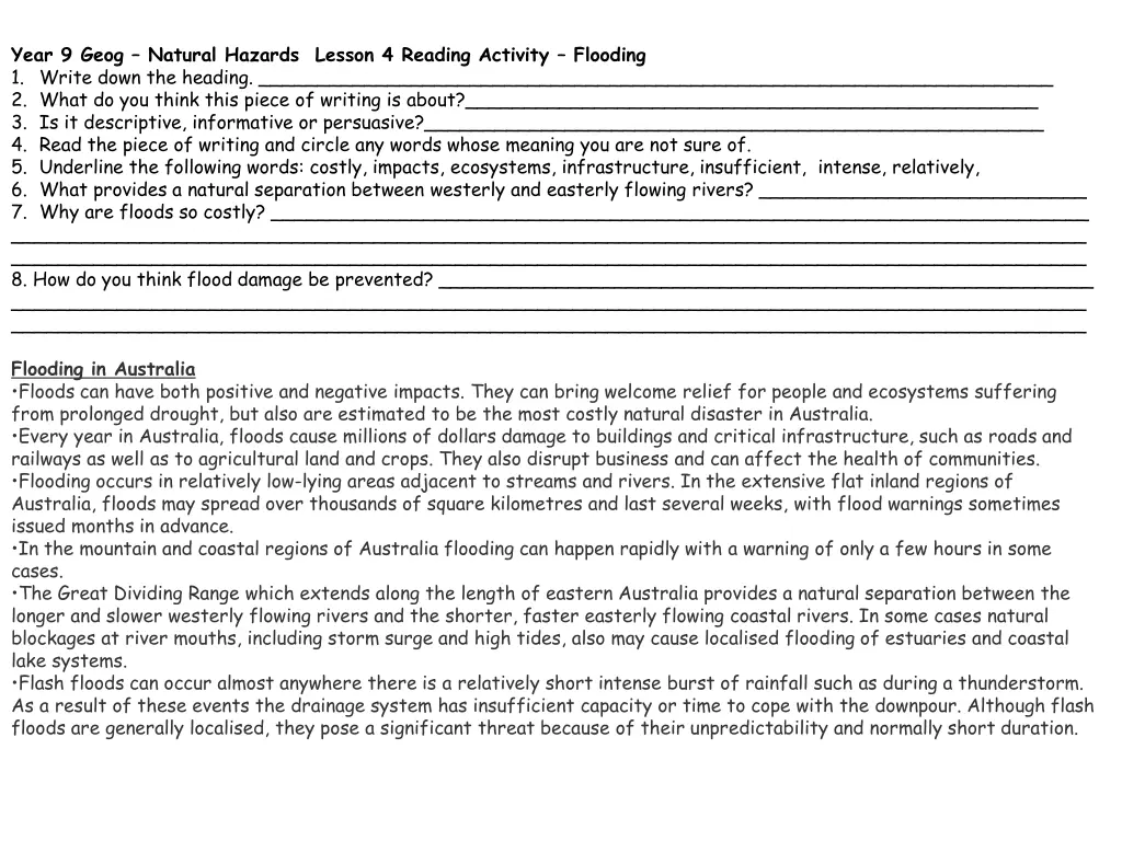 year 9 geog natural hazards lesson 4 reading