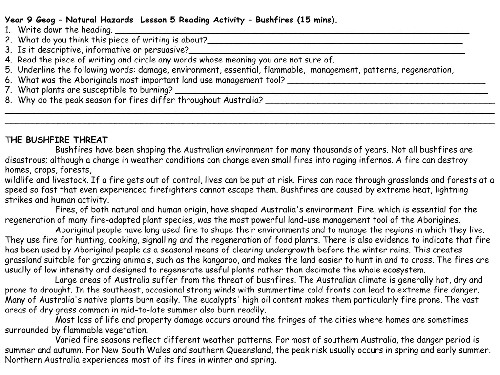 year 9 geog natural hazards lesson 5 reading