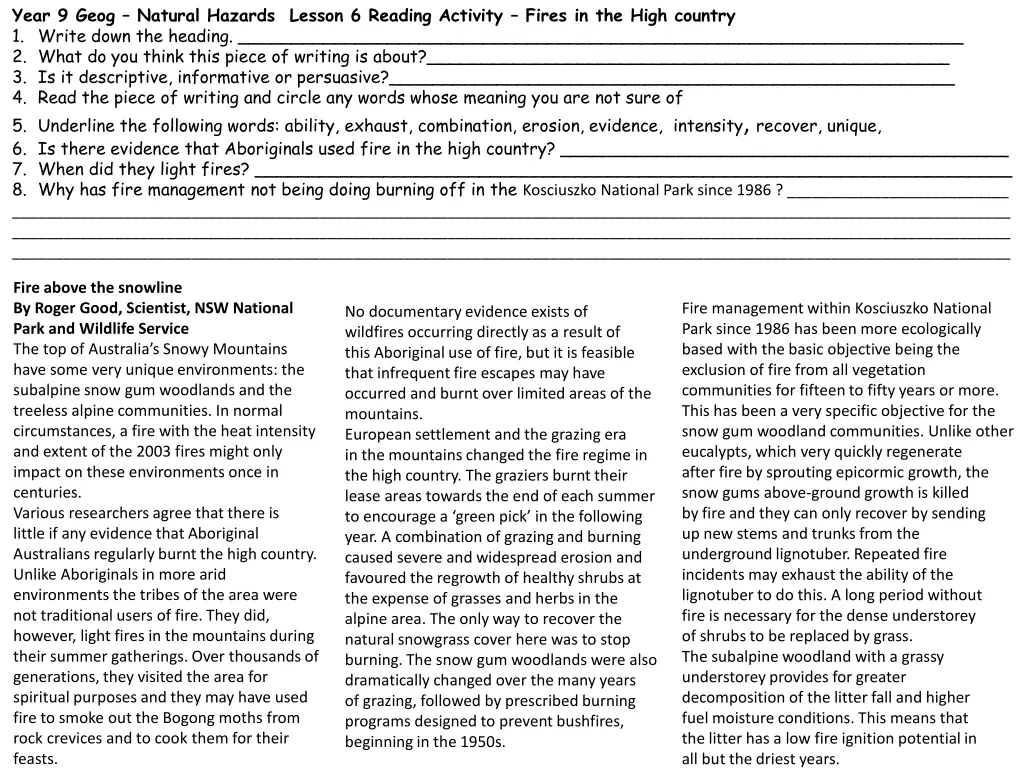 year 9 geog natural hazards lesson 6 reading