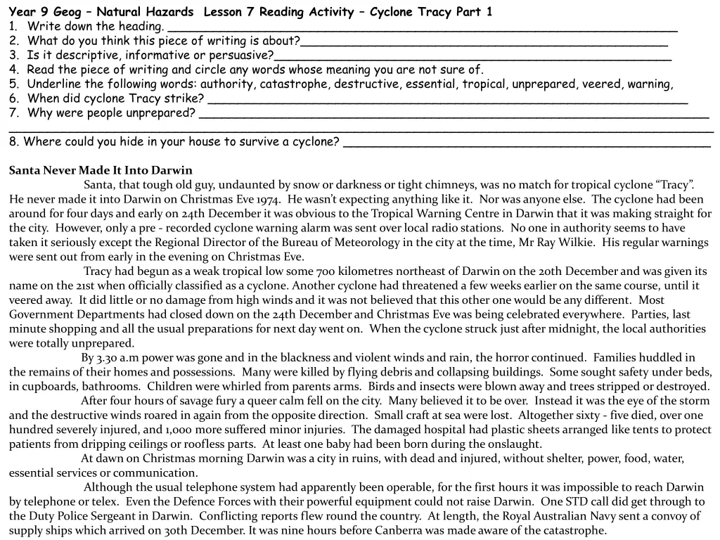 year 9 geog natural hazards lesson 7 reading