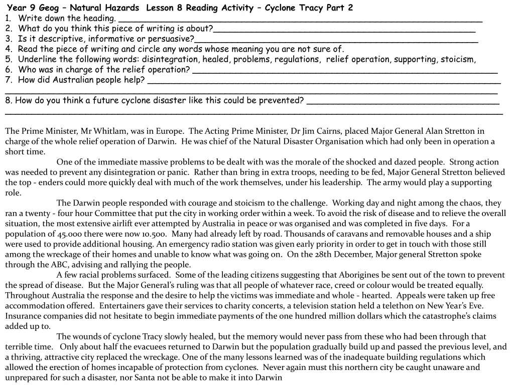 year 9 geog natural hazards lesson 8 reading