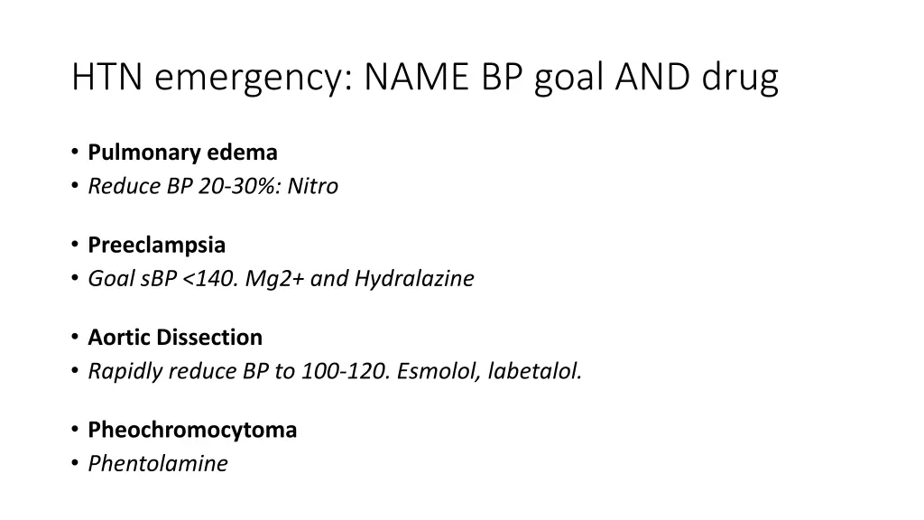 htn emergency name bp goal and drug 1