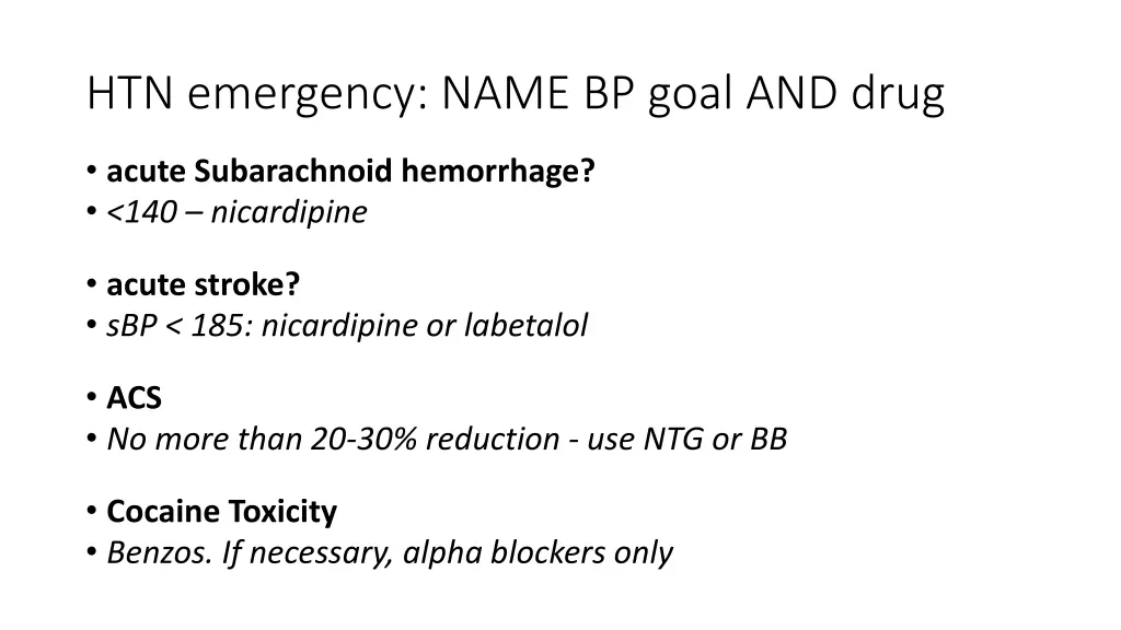 htn emergency name bp goal and drug