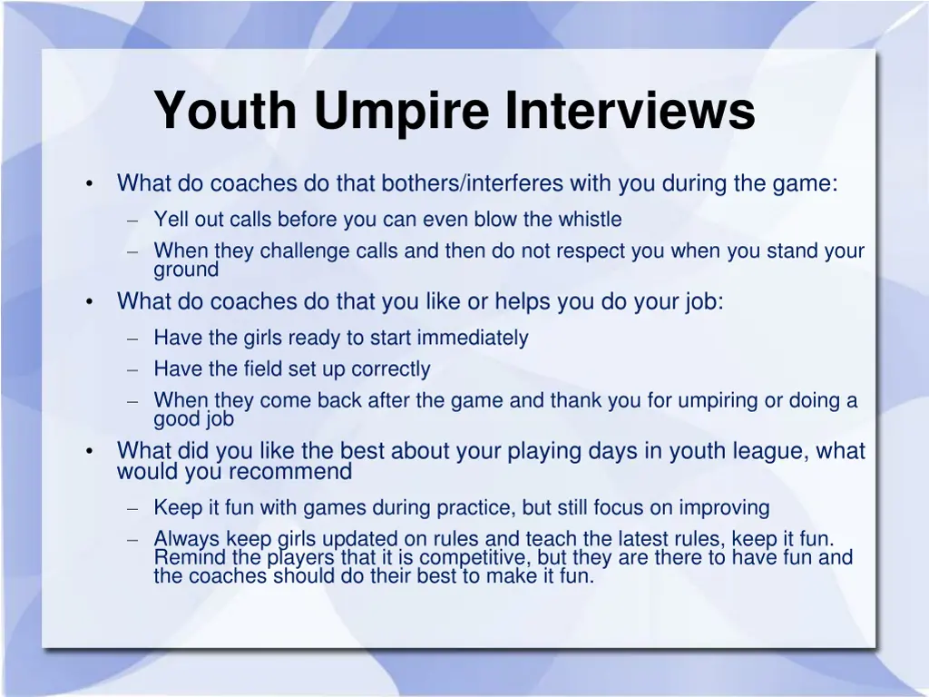 youth umpire interviews