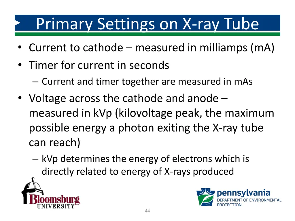 primary settings on x ray tube