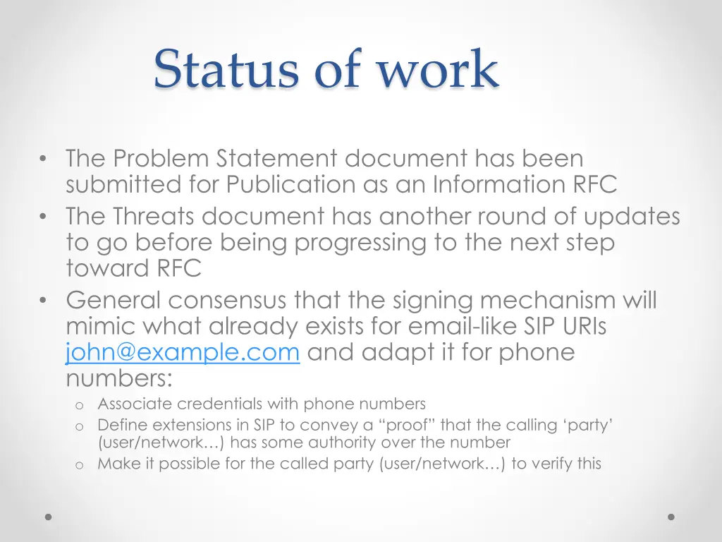 status of work