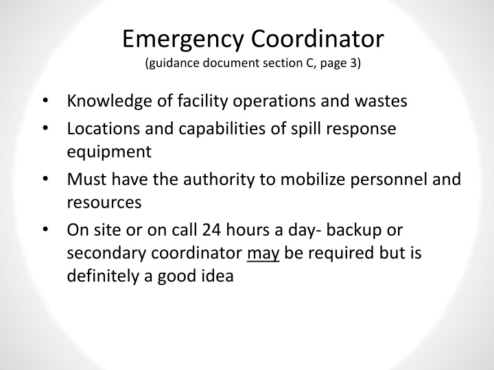 emergency coordinator guidance document section