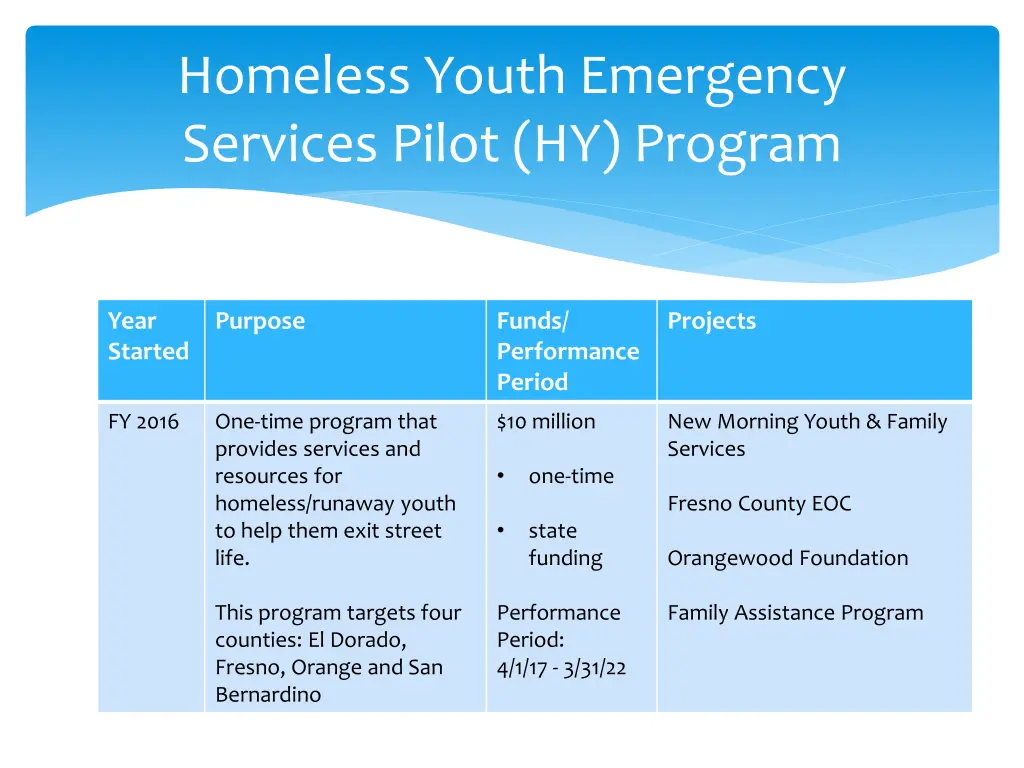 homeless youth emergency services pilot hy program