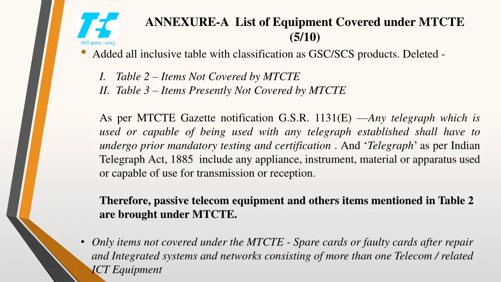 annexure a list of equipment covered under mtcte