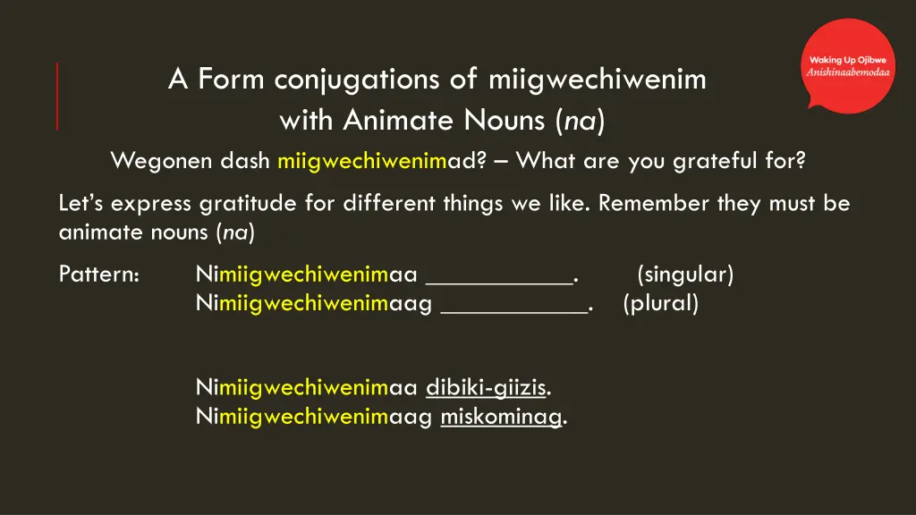 a form conjugations of miigwechiwenim with 1