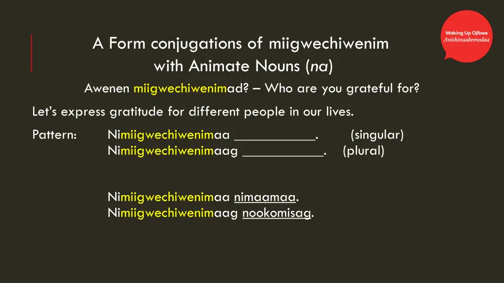 a form conjugations of miigwechiwenim with 2