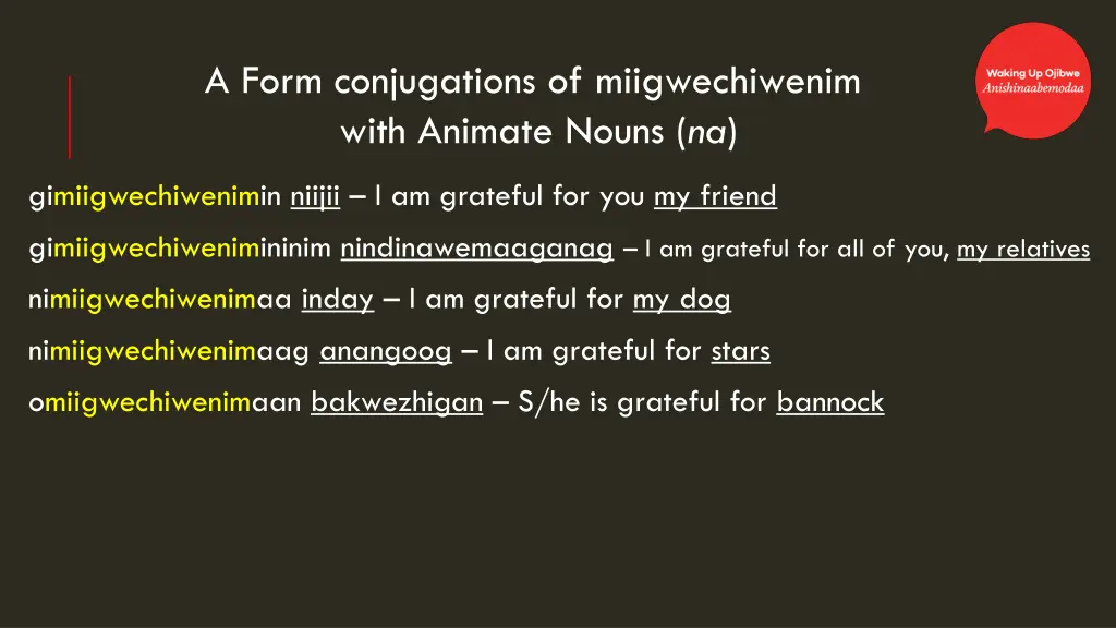 a form conjugations of miigwechiwenim with