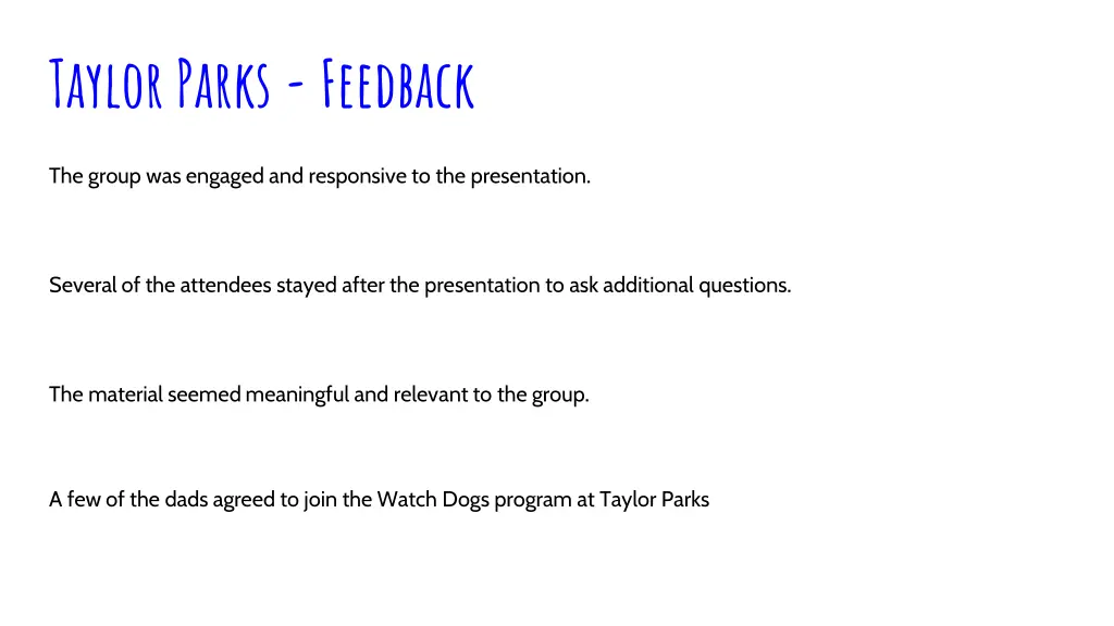 taylor parks feedback