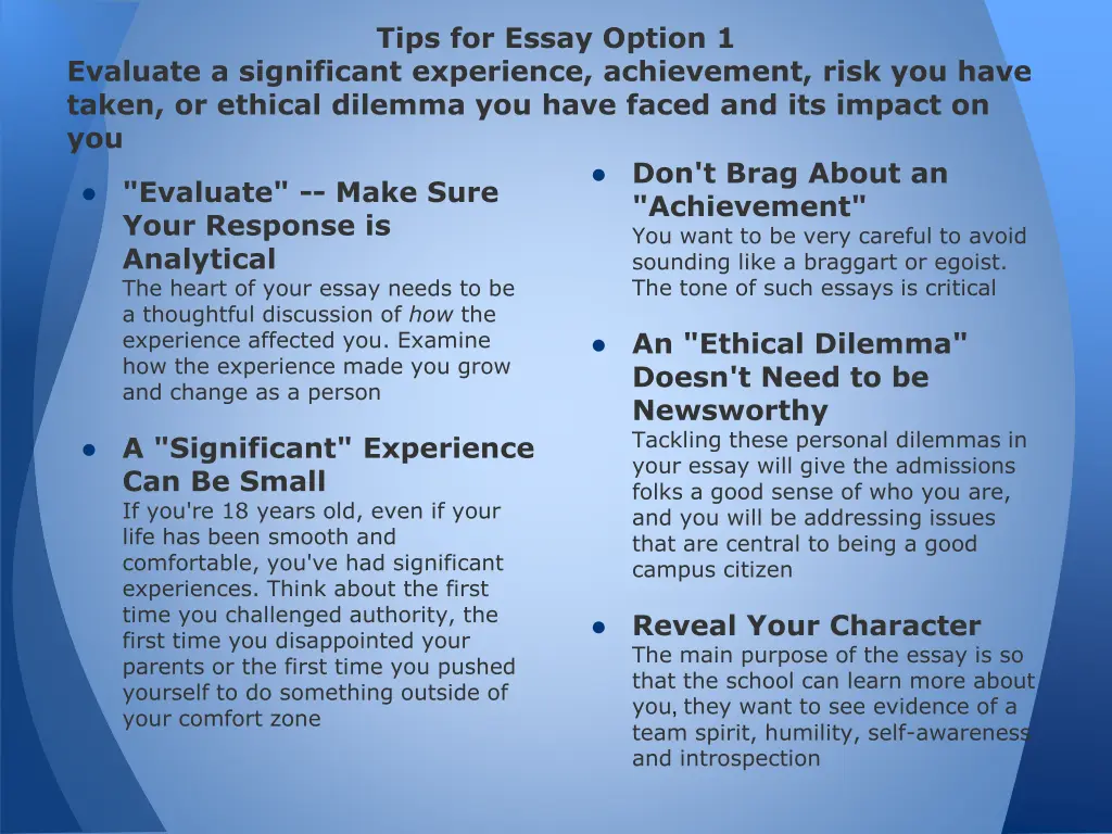 tips for essay option 1