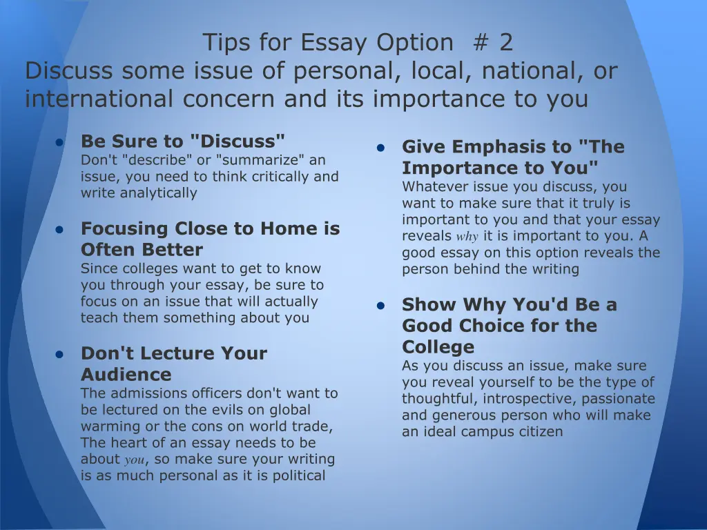 tips for essay option 2