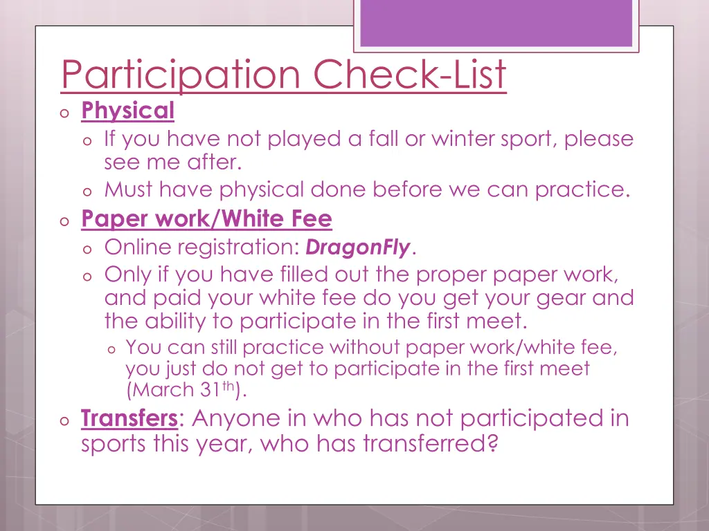 participation check list physical if you have