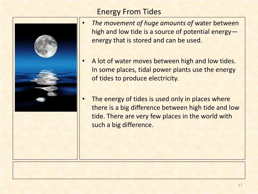 energy from tides the movement of huge amounts