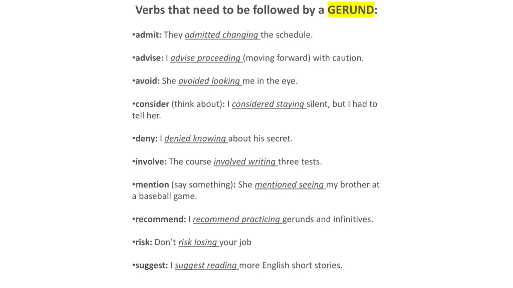 verbs that need to be followed by a gerund