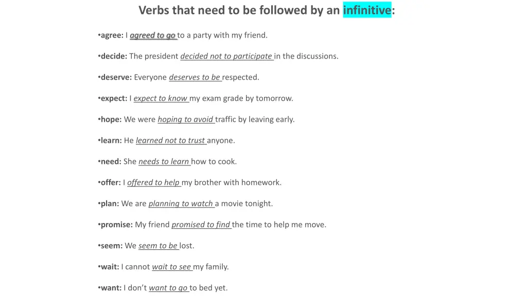 verbs that need to be followed by an infinitive