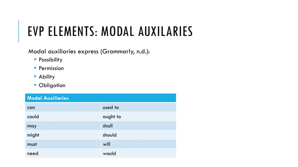 evp elements modal auxilaries