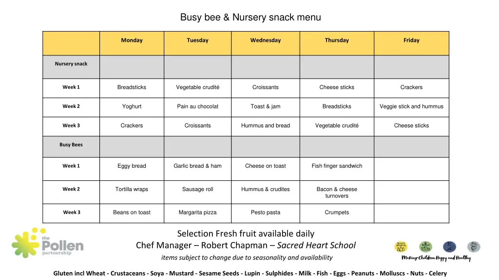 busy bee nursery snack menu