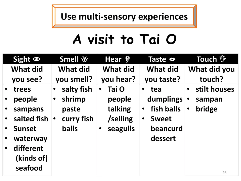 use multi sensory experiences