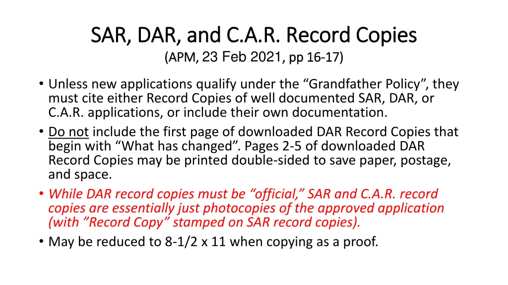 sar dar and c a r record copies