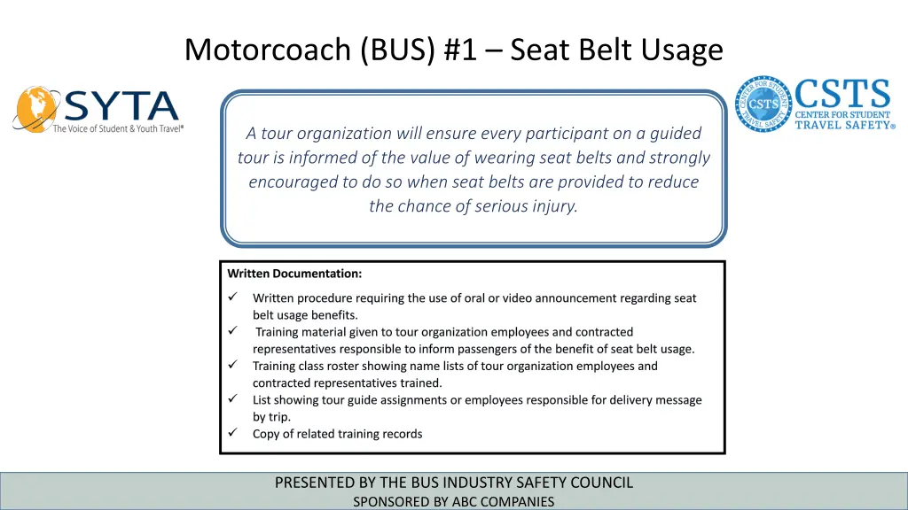 motorcoach bus 1 seat belt usage