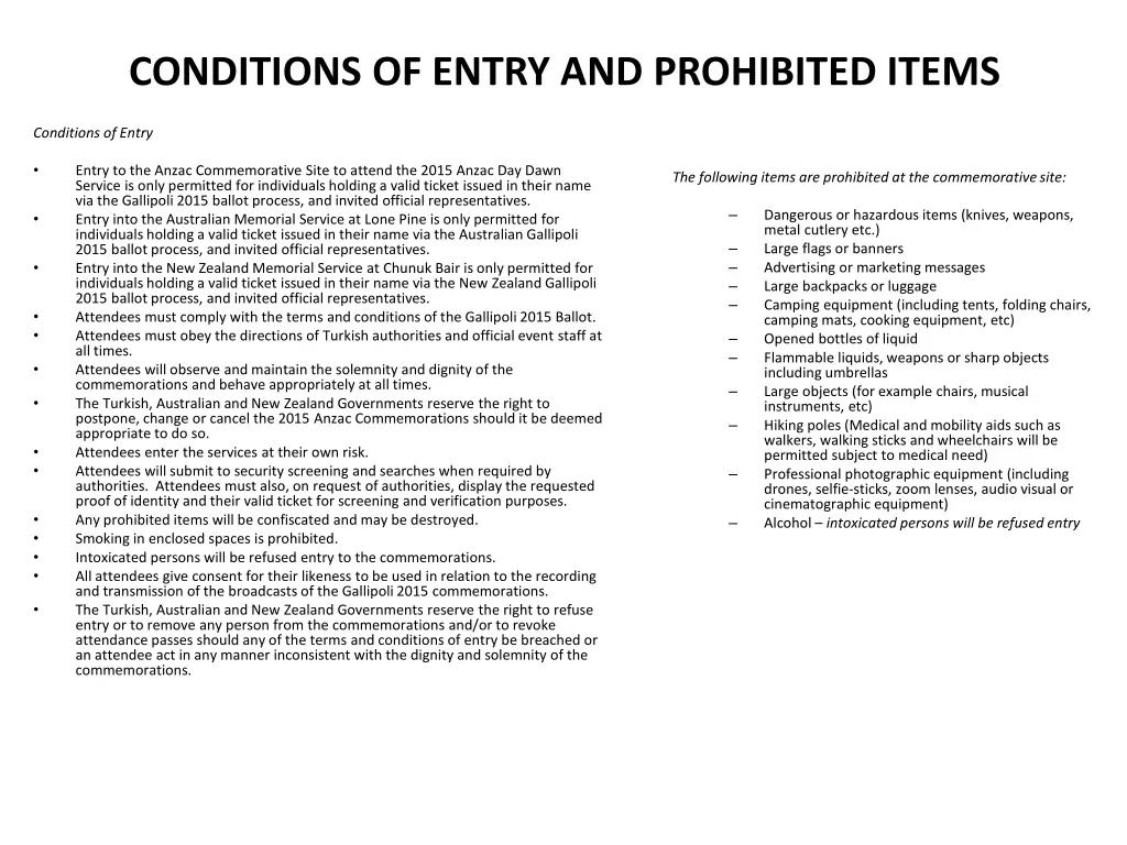 conditions of entry and prohibited items