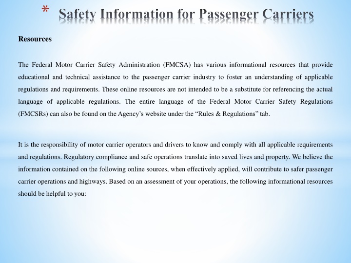 safety information for passenger carriers