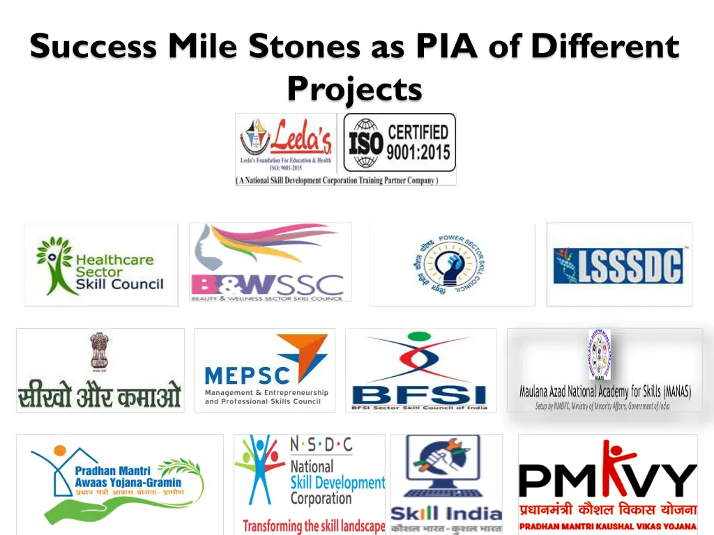 success mile stones as pia of different projects