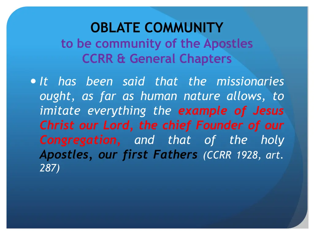 oblate community to be community of the apostles