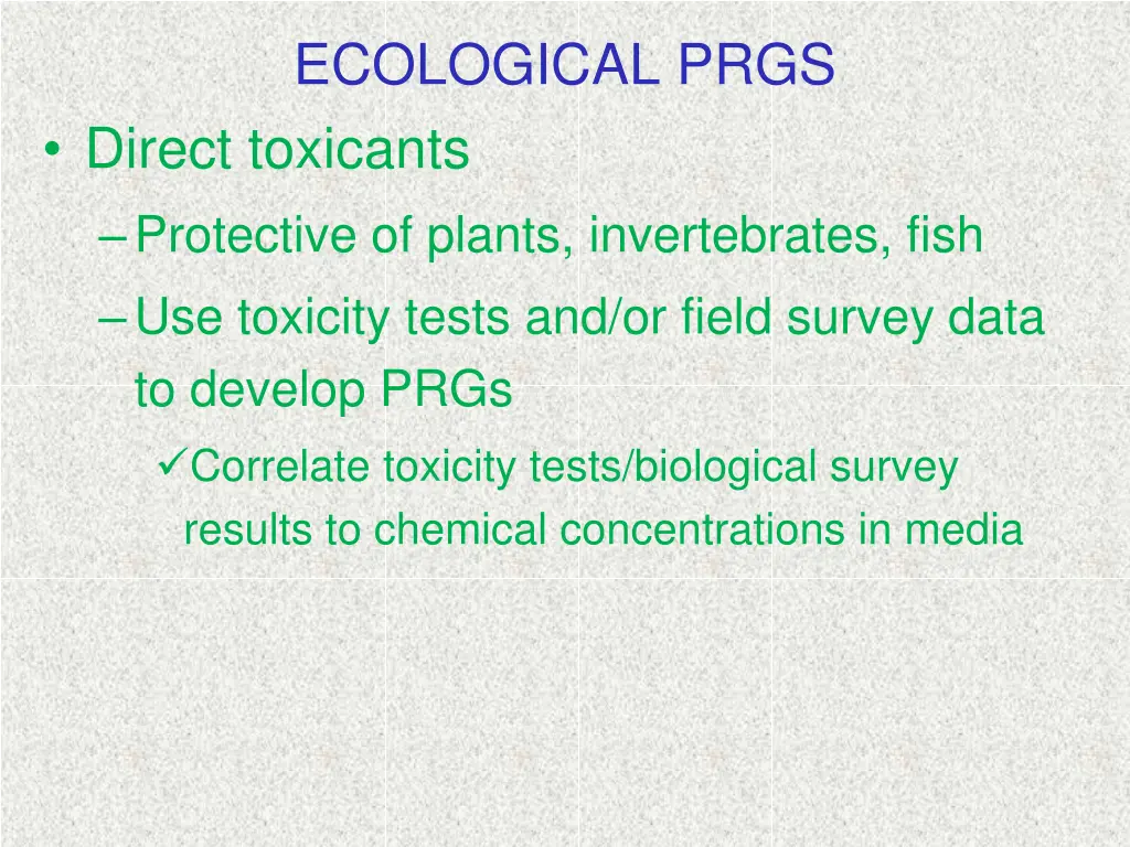 ecological prgs direct toxicants protective