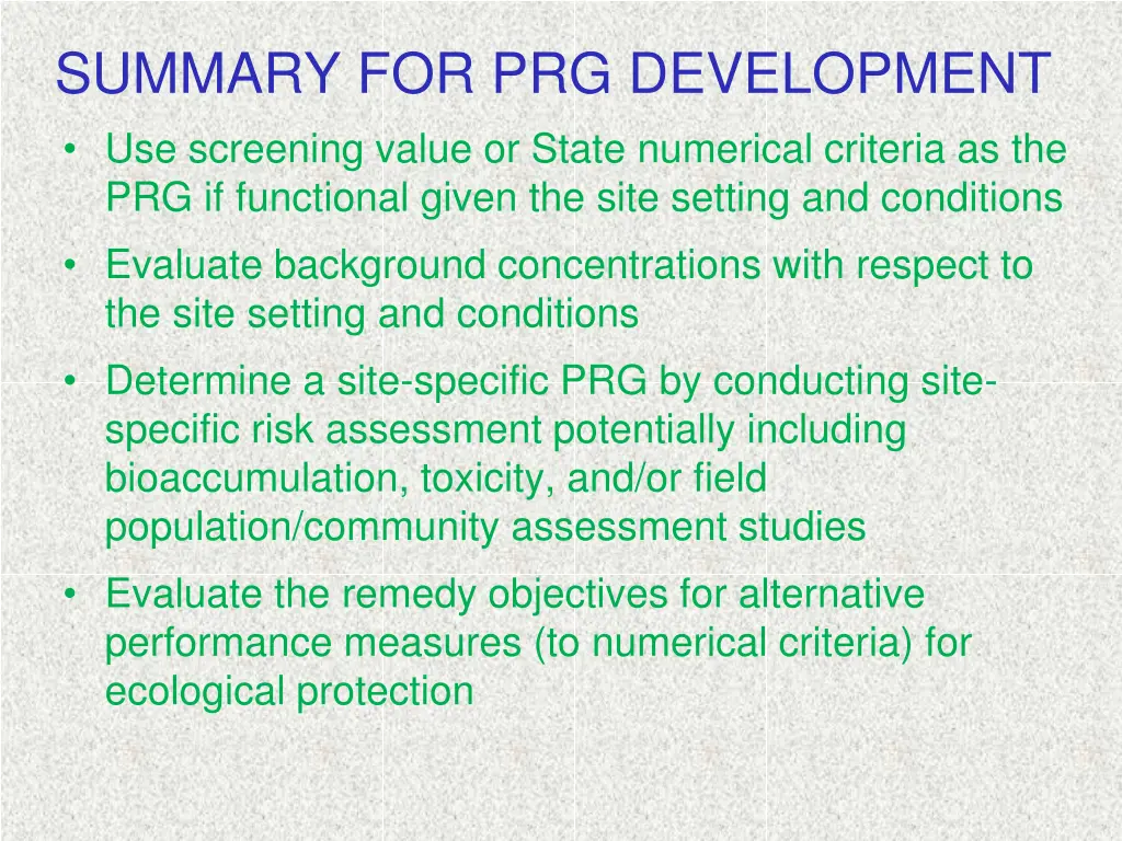 summary for prg development use screening value