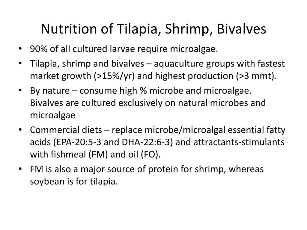 nutrition of tilapia shrimp bivalves