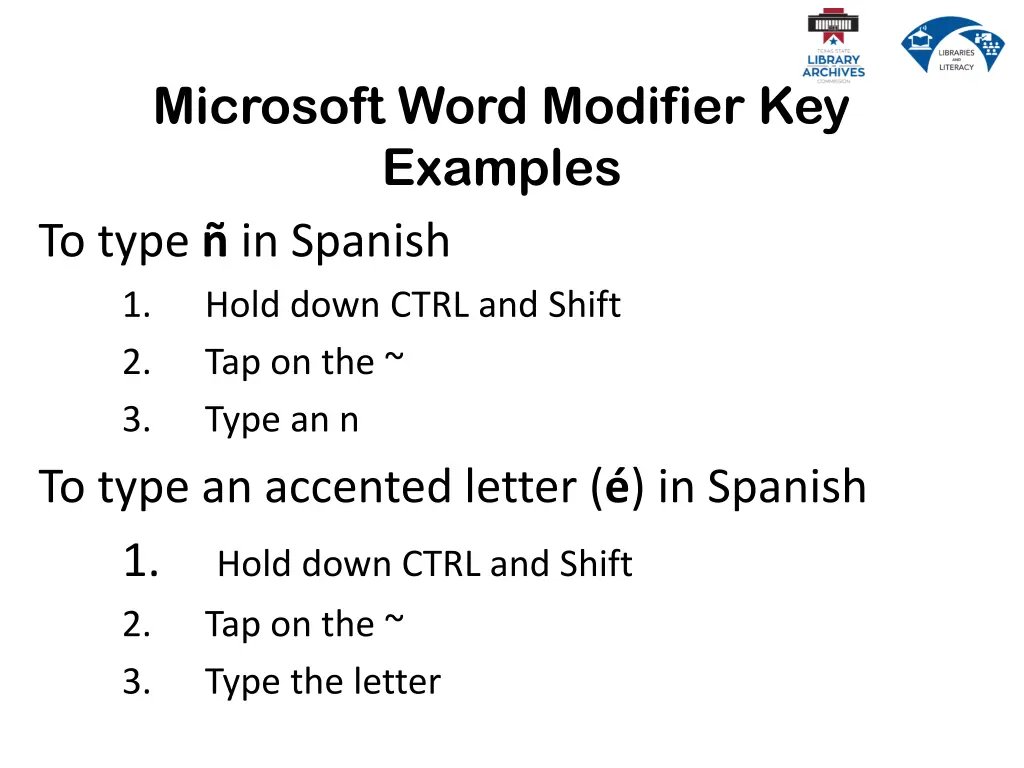 microsoft word modifier key examples to type