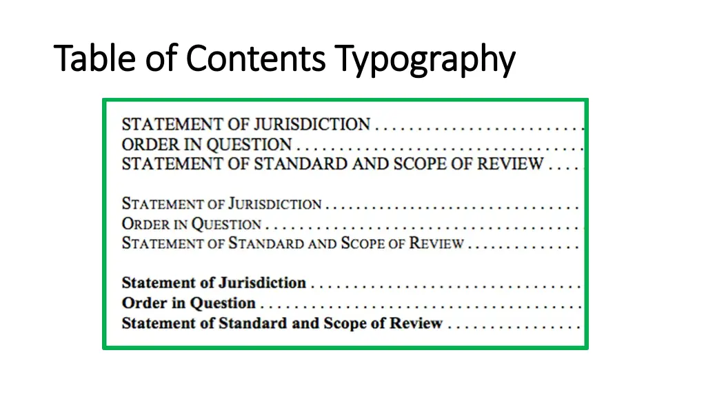 table of contents typography table of contents